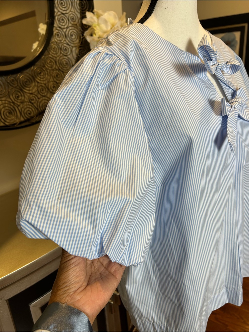 kate spade Blue and White Striped Bow-Front Puff Sleeve Blouse - Picture 3 of 12